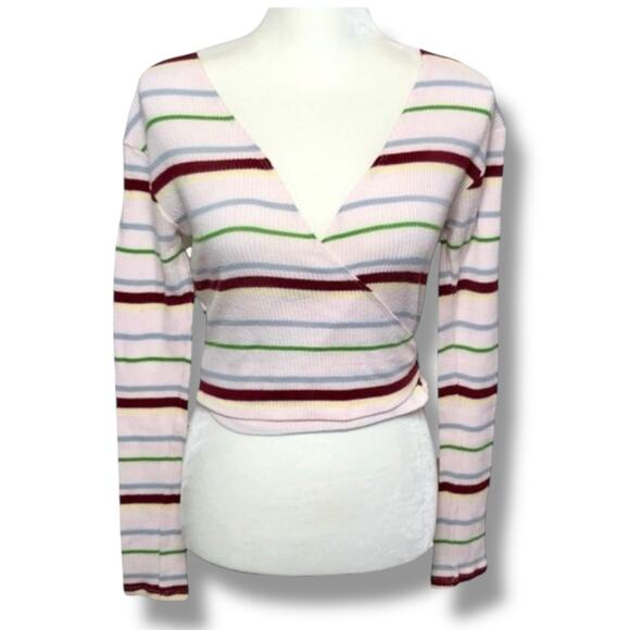Urban Outfitters Out From Under Top Large Striped Ribbed Wrap V Neck Long Sleeve - Picture 1 of 7